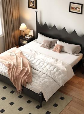式床木现代简实约bb621#大婚床波浪柱子法式复古床主卧黑色轻奢双