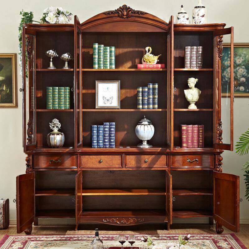 美式实木书四柜门架复古大书柜欧式大厅容量SB66103A书房客储物置