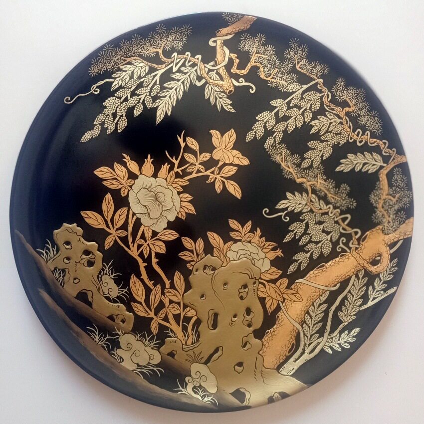 手工贴金彩绘漆器圆盘实木漆艺茶品果盘非遗髤漆画装饰摆盘中秋礼