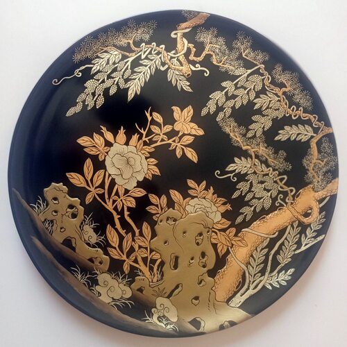 手工贴金彩绘漆器圆盘实木漆艺茶品果盘非遗髤漆画装饰摆盘中秋礼