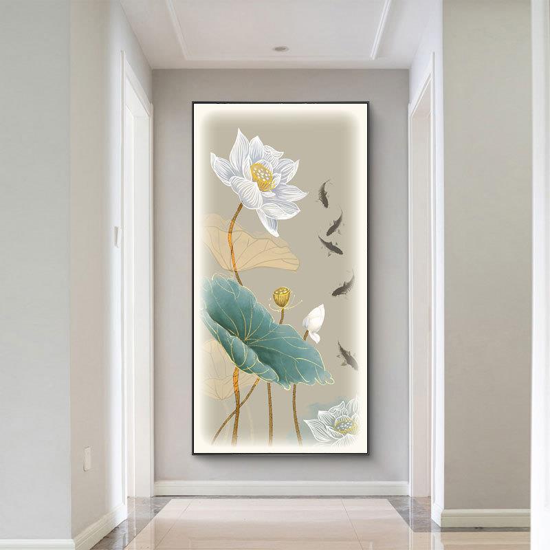 入户玄关带灯晶花瓷挂LYDXLY画走廊过竖道LE版D发光荷高档装饰画