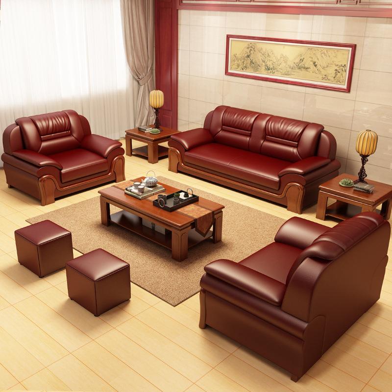 商谈务办公沙发实木现代简几337约接会客洽办公室茶皮艺组合三待