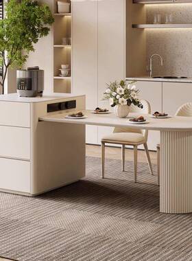 顿沃岩板半圆岛台餐桌53425一体风家用奶油沃顿岩法板可伸缩小户型式轻