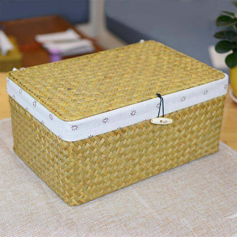 现货海草织收纳盒带内衬方形翻NTO盖盒储卧室桌面物杂物整编理盒