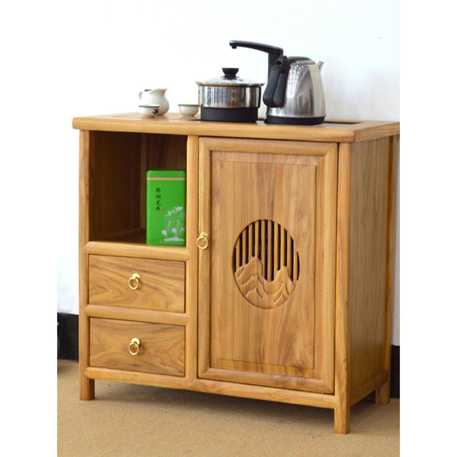 0JFDZ式茶水柜简约客厅实木餐能边柜榆木移动中小茶台多功置物新