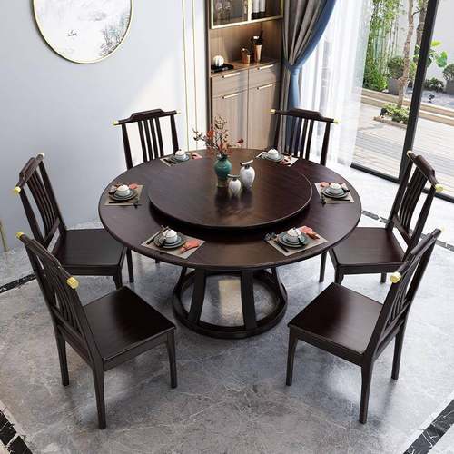 岩板实餐611椅组合家用形饭桌新中式木大圆桌带转盘10人圆工厂桌