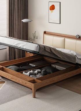 高箱储实物约床2025新实木皮双人主卧大床床现代简白蜡木收MHM纳