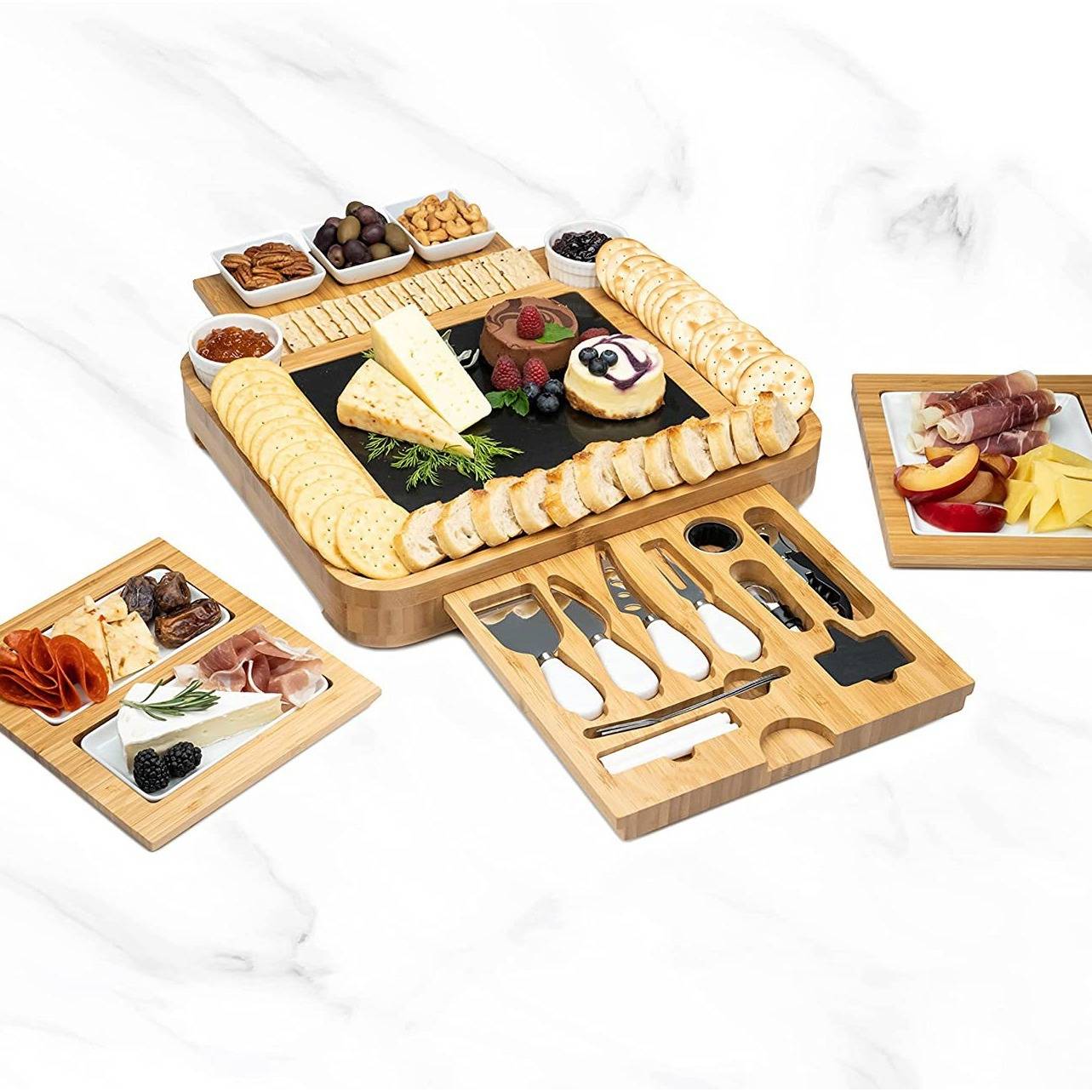 热卖四抽芝士板套装陶瓷碟陶瓷碗水果面包板牛排砧板竹制配件齐全