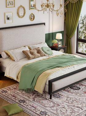 法复古实木双人床软包JBP床高背床美床式轻奢黑主色婚中古风家具