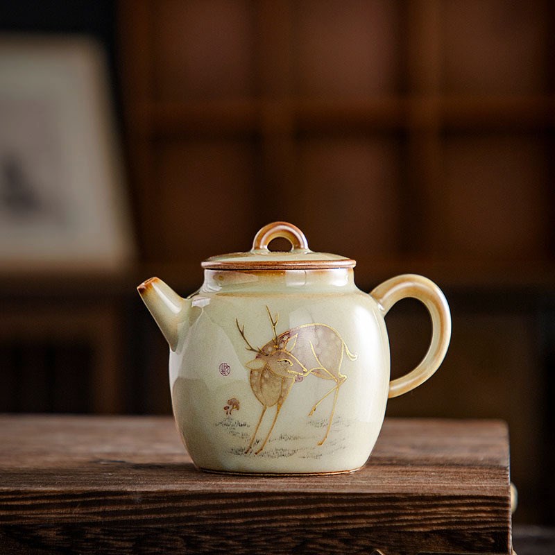 青玉汝窑手绘小秦权壶复古中式李辉熠汝瓷开片家用送礼泡茶壶小号