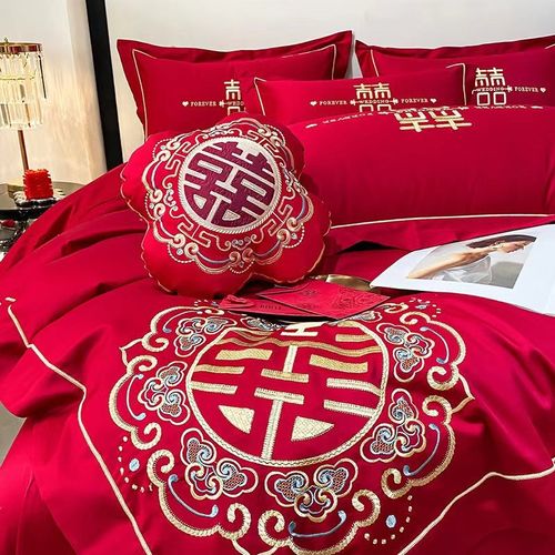 新中式婚庆四件套大红色刺绣被套新婚简约结婚床上用品陪嫁婚房4