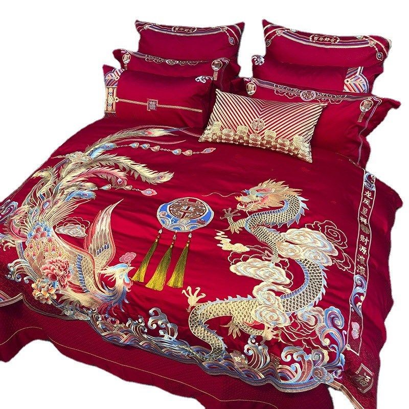 九喜狐婚庆家纺结婚床上用品备婚四件套婚房布置喜被红色龙凤刺绣