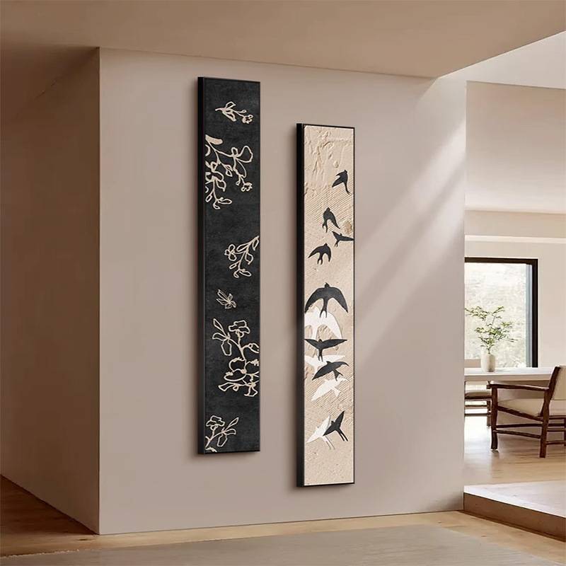 法式复古绿色新款细窄长条竖版入户玄关画装饰画过道走廊挂画图片
