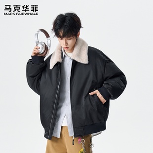 马克华菲毛领短款羽绒服男黑色加厚翻领保暖飞行员工装风夹克外套
