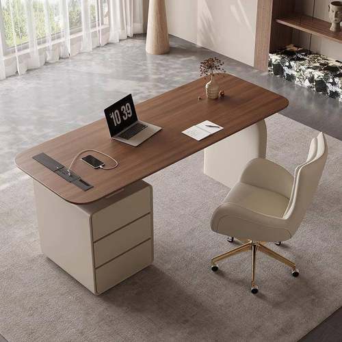 法式奶油实风木书桌中古风胡桃色奢电轻脑桌办公BXB桌咨询桌椅组