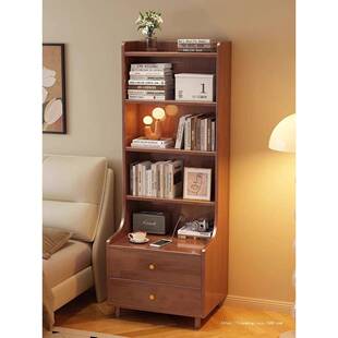 实木床储头书柜架置一体多层物架EMI卧室床边加高物柜小型窄款收