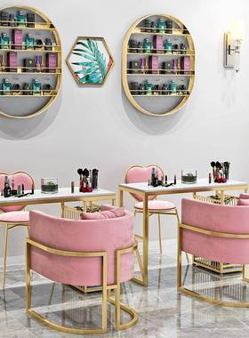 网红大理美台甲PGF桌单双人可置物美甲金色石铁艺美甲店桌椅组合