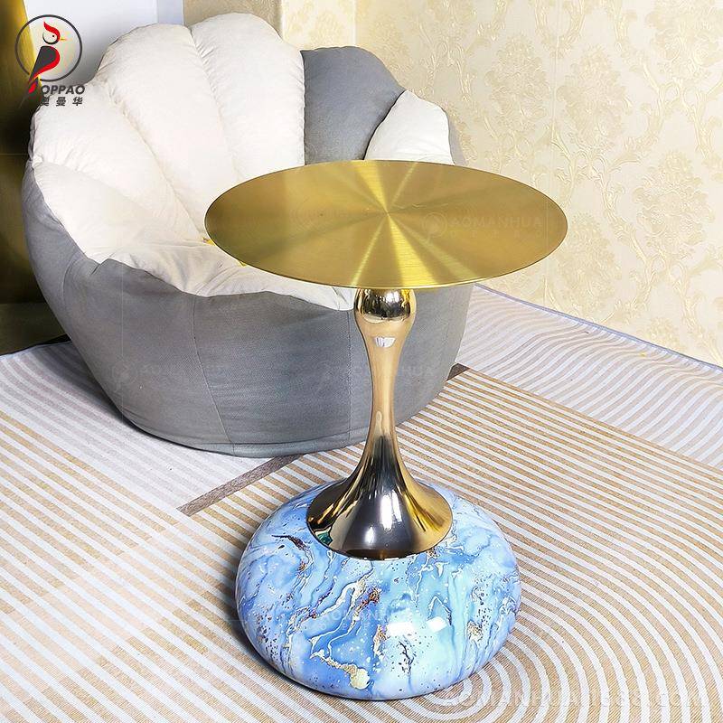 轻奢床圆沙茶几超晶石发边几现代无品牌/简约不锈角钢几头柜托盘