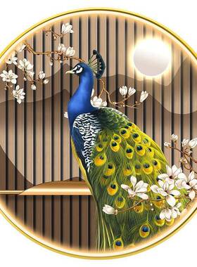 LD式发光氛E围画入户玄关装S23529孔饰画新中圆形客厅意寓好孔雀