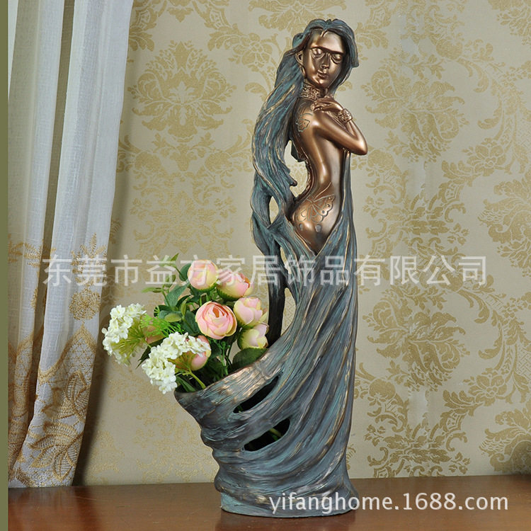 欧美仿古红铜美女树脂花瓶摆件