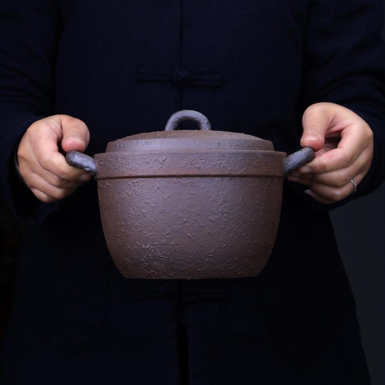 粗陶岩泥大号围炉煮茶釜新中式覆古茶馆碳炉电陶炉可用养生温茶锅