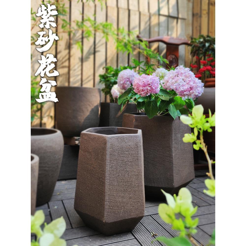特大号紫砂花盆黑陶特价庭院花钵粗陶透气陶罐欧式简约盆景盆透气