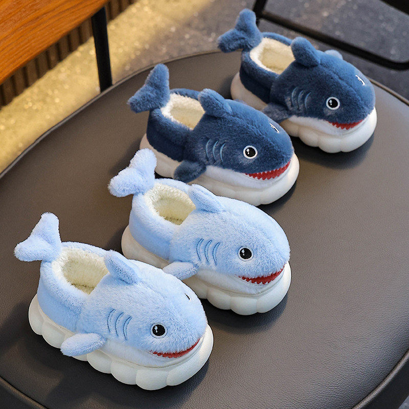 冬季儿童棉拖鞋男童鲨鱼包跟保暖毛毛可爱女童居家宝宝防滑棉拖鞋