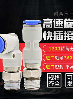 旋转气管接头万向高速360度带螺纹直通弯头8mm直角气动快速快接