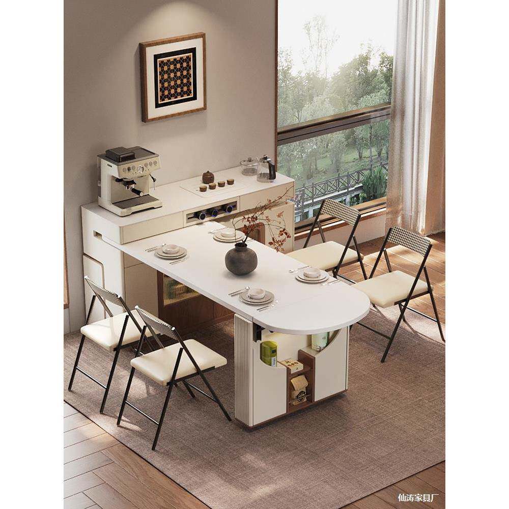 岩板旋转导岛倒台小型户多功能实木伸缩餐桌可餐边EZO柜吧台一体