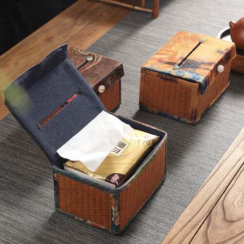 复古中巾式竹布艺印花纸盒手工家用抽纸盒客厅312桌面编餐巾纸收