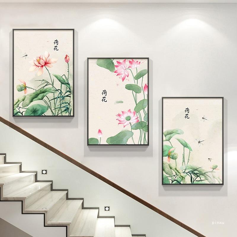 楼PY梯楼过道楼梯间装挂饰画中式花鸟荷花新复式楼壁画三联客厅道