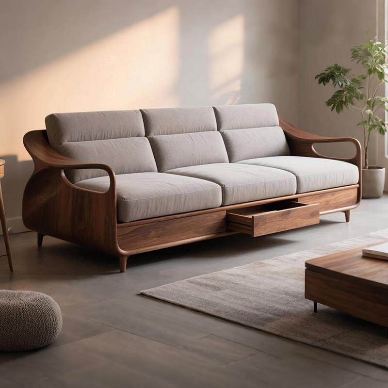 新中式实木直排沙发客厅2025新款高端胡桃木布艺三人四人位带储物
