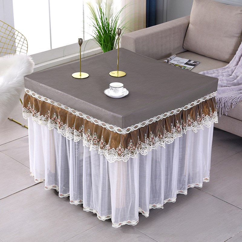 正方形餐桌布四季通用防水茶几桌罩拉丝布纹刺绣分体垂纱防尘桌布
