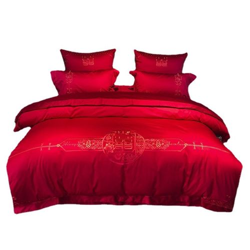 九喜狐婚庆家纺刺绣四件套备婚结婚床上用品长绒棉被套喜结连理