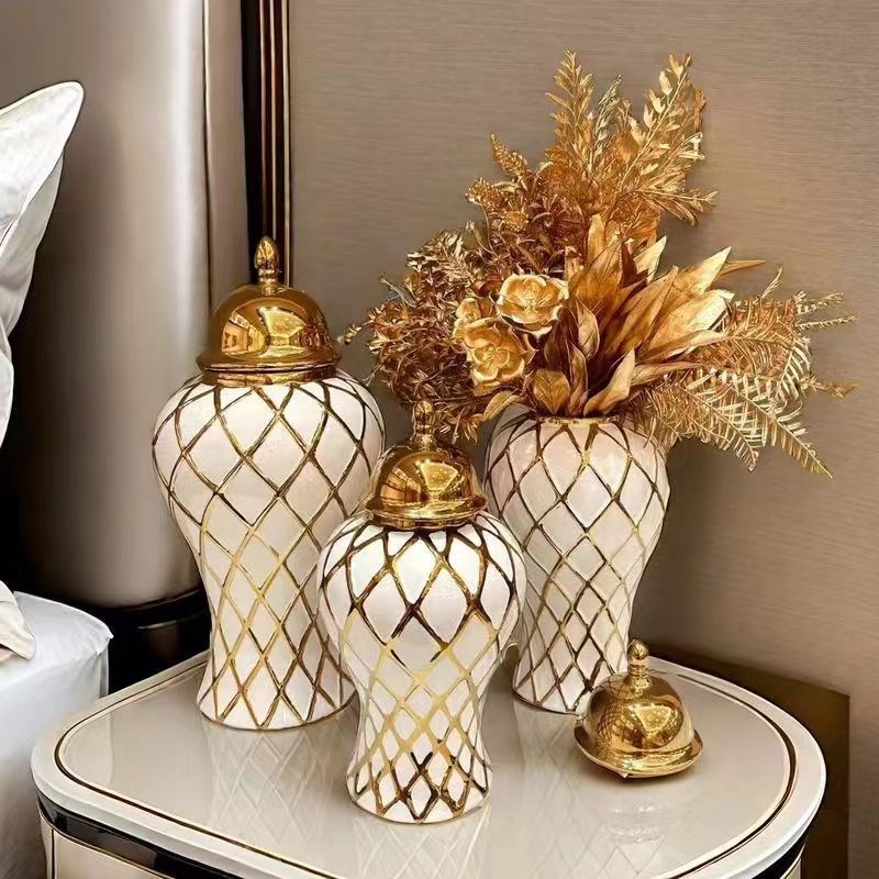 工厂直销跨境电镀将军罐陶瓷欧式花插花瓶轻奢工艺品摆件装饰品