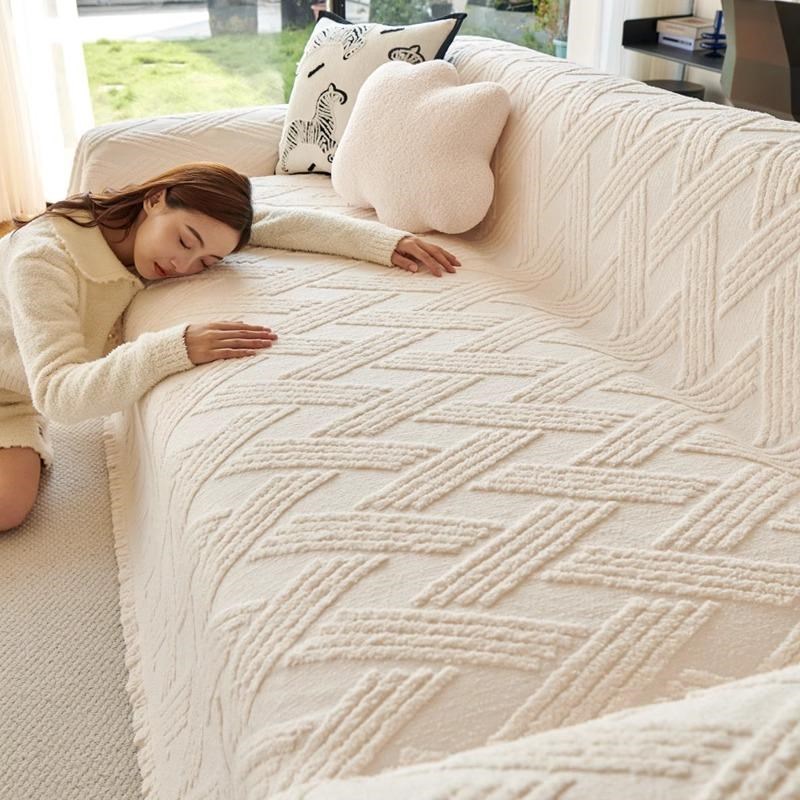 日式2025新款四季轻奢毛绒沙发盖布奶油风沙发Q巾一整张全包沙发