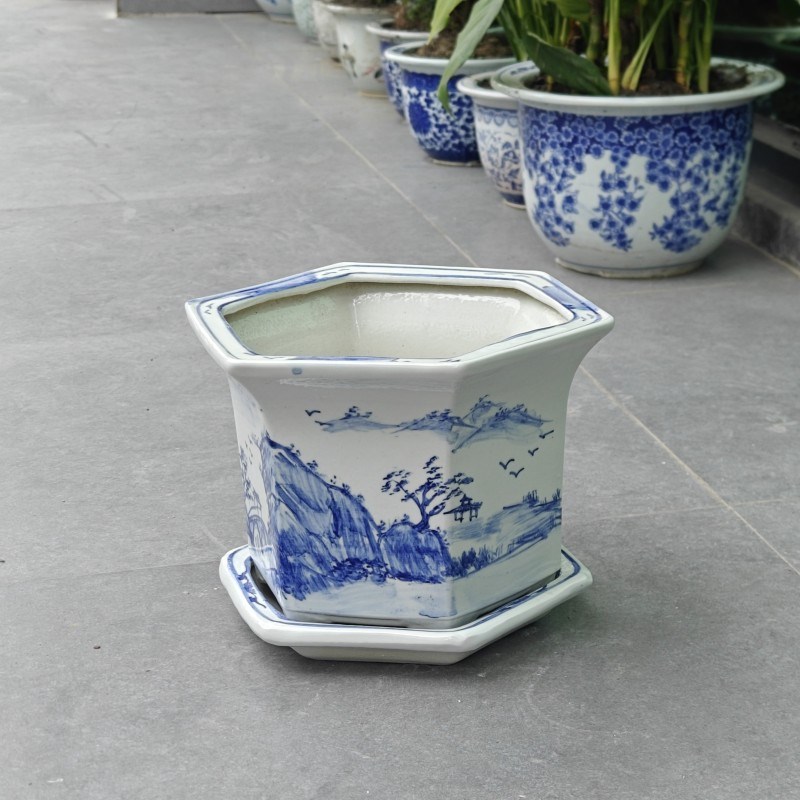 陶瓷花盆高温青花瓷带托盘兰花绿萝盆景老庄花卉八角盆多肉盆