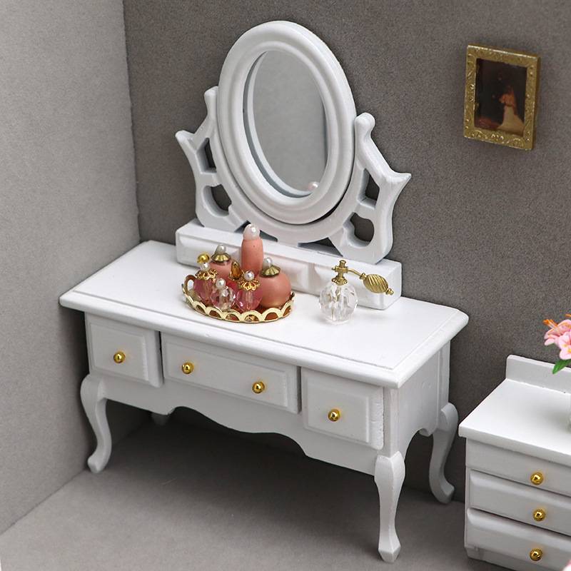 1:12娃娃屋dollhouse迷你家具模型摆件白色卧室微场景床梳妆台柜