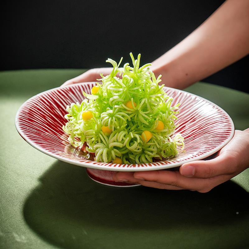 款中式复古郎新红渐变条英纹陶瓷凉圆形9寸水果649餐厅菜摆盘碗