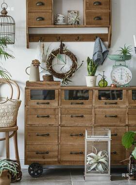 简约餐边柜做旧屉实柜玻璃轮子2木抽古柜矮柜储物柜复美式