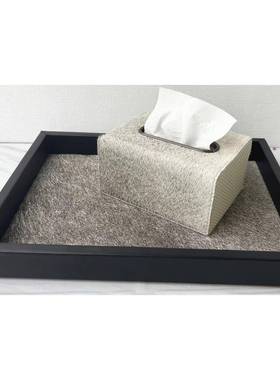 轻奢纸简现代灰色马毛革巾盒RKH样板房客盒厅茶几桌面抽纸皮摆件