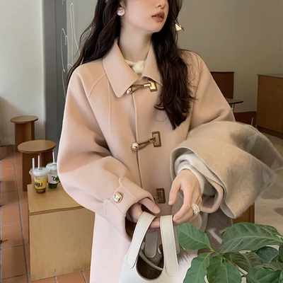 韩都衣舍时尚羊毛大衣女金属扣宽松小个子韩系大衣25029