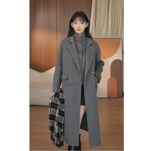 HSTYLE/韩都衣舍 气质秋冬宽松羊毛外套大衣长袖翻领双排扣8524