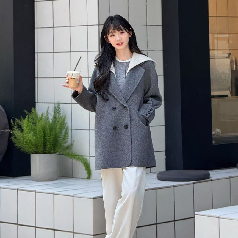 HSTYLE/韩都衣舍【金秋漫野】双面羊毛连帽苏黎世的冬大衣 8511