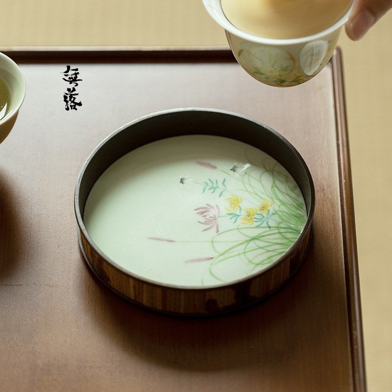 无落 半锡点铜斑竹壶承日式干泡台单层养壶托圆形茶壶垫茶道配件