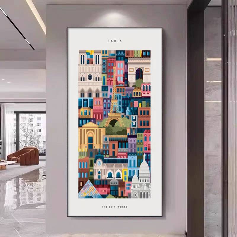 现代彩色城市建筑特色进门玄关装饰画客厅抽象墙面画走廊过道挂画图片