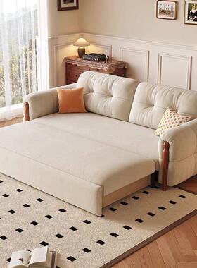 法用式复古油风实木沙发床折叠两家2用客LVL厅小户奶型025新款伸