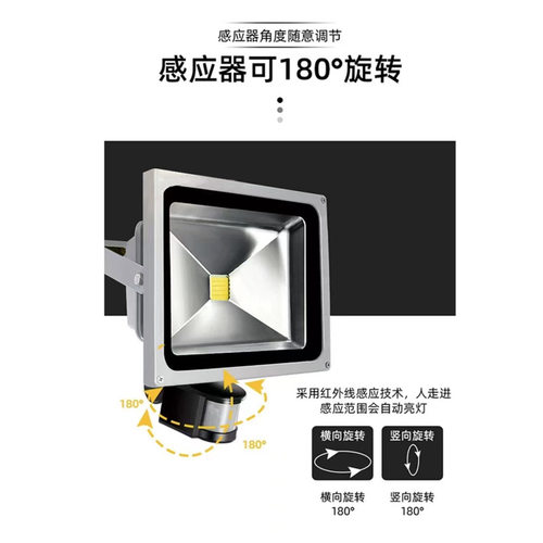 LED人体感应投光灯 过道走廊车库别墅10W20W30W50W红外感应投光灯