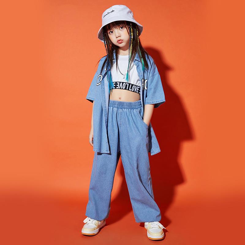 嘻松哈街舞儿童潮服夏走t季宽牛仔套装男女QTP童台秀少儿舞蹈演出
