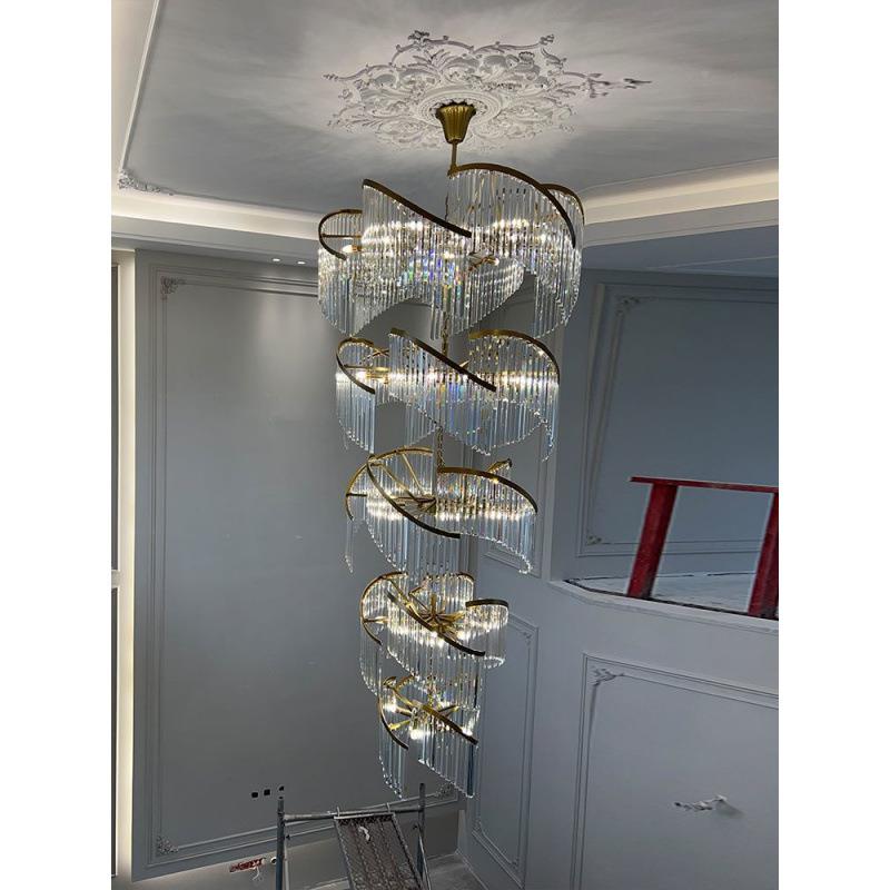 别墅客厅中空轻奢挑水晶复楼梯灯堂式楼水68904晶长空跃层大工程